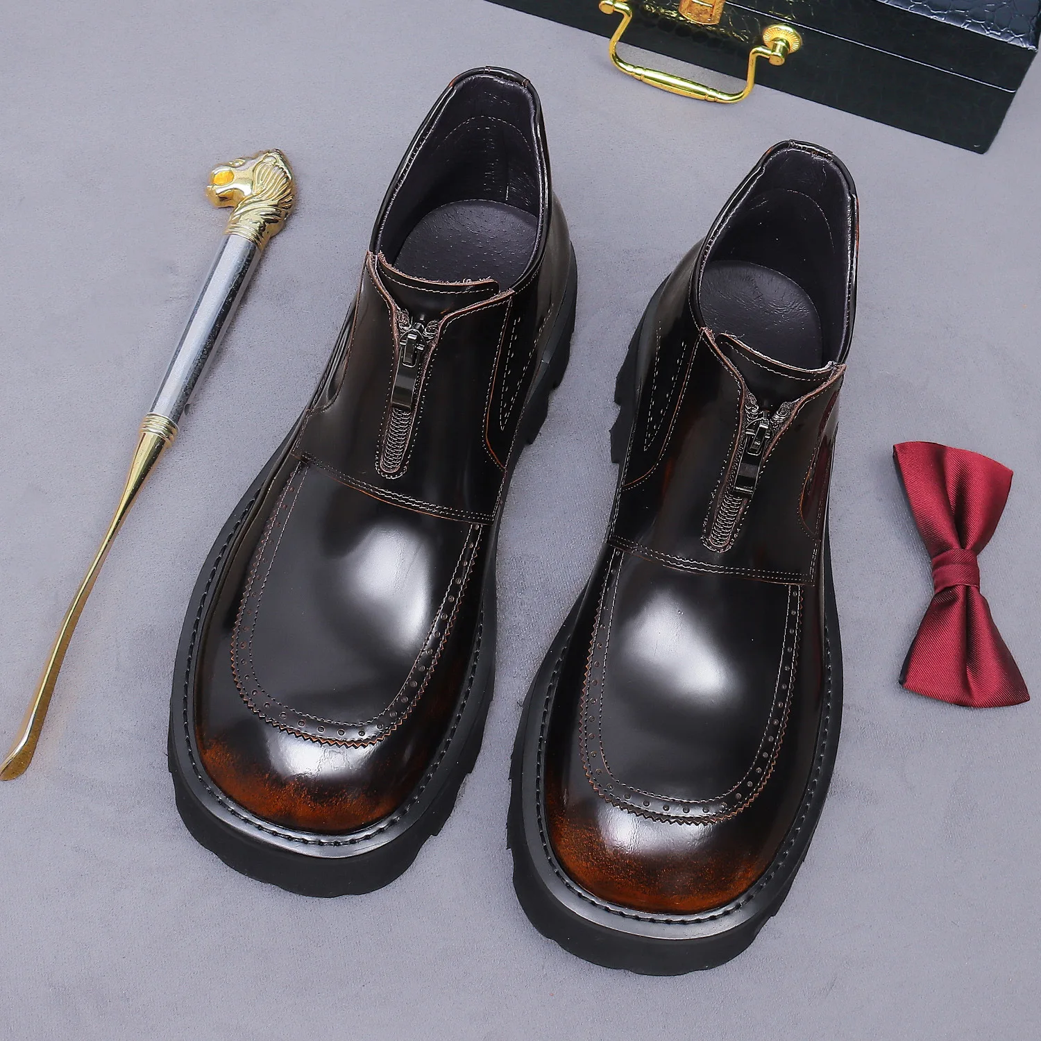 Men's Genuine Leather Brogue Patent Combat Boots | Chunky Thick Sole Ankle Boots | Fashion British Style Versatile Footwear