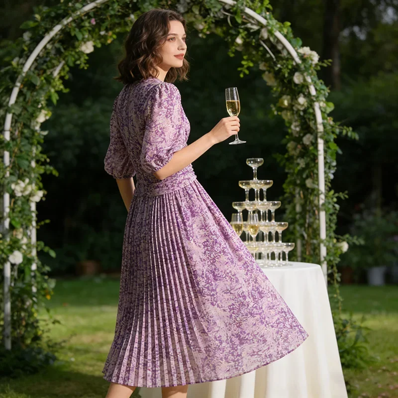 

Элегантные платья с цветочным принтом для женщин, с V-образным вырезом, облегающие, с расклешенными рукавами, с оборками, в стиле ретро, для отдыха, пляжа, туризма