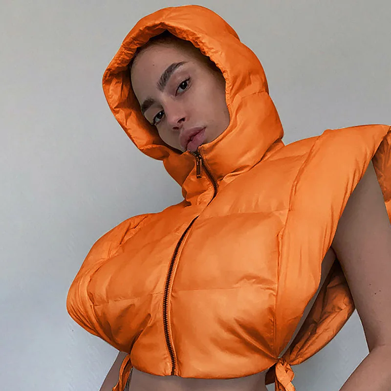 

Sexy Harajuku Cropped Puffer Jackets for Women Winter Spring Sleeveless Zip Up Vest Hoodies Coat Side Lace-up Y2K Bubble Coats