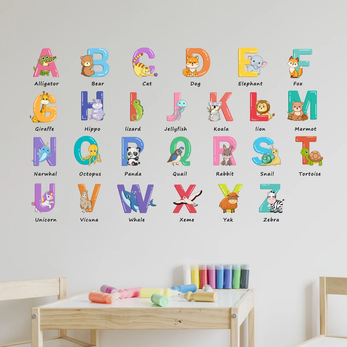 2pcs Cartoon Animal Preschool Education English Letter Wall Sticker Children's Room Bedroom Study  Decoration Mural Wall Sticker