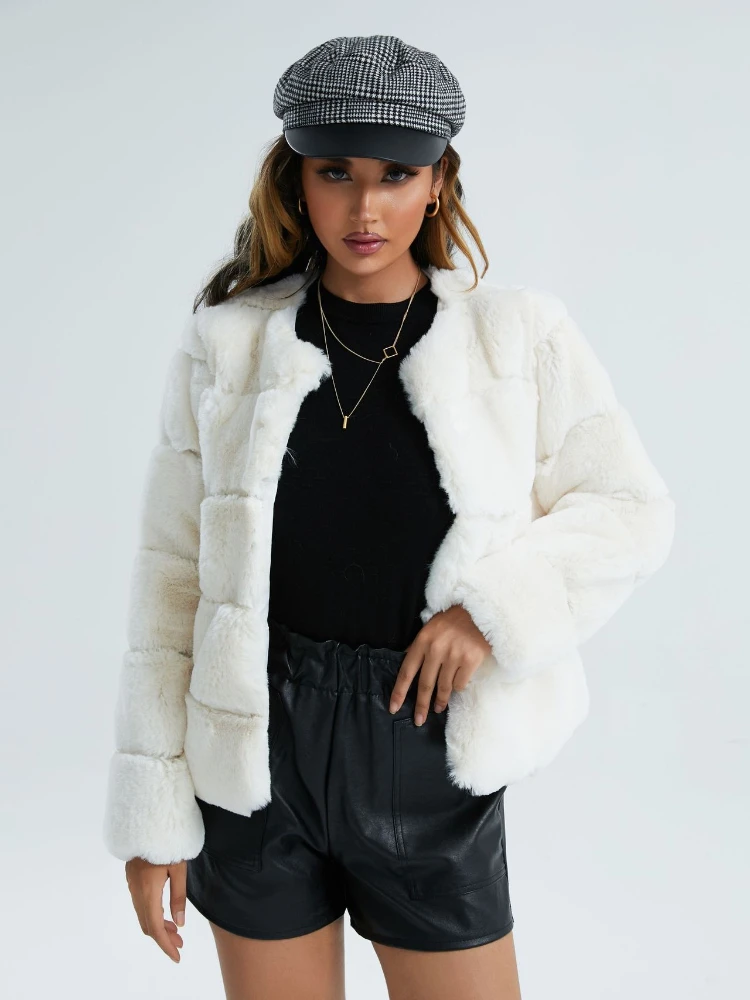 Veste en fausse fourrure à col rond pour femme, couleur unie, décontractée, blanche, moelleuse, Slim, chaude et épaisse, manteau de luxe en peluche de vison, élégant, hiver