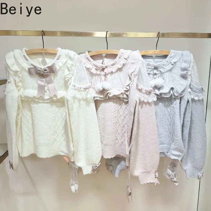 Sweet Lolita Knit Sweater Women Ruffle Collar Lace Rhinestone Long Sleeve Jumper Japanese Girly Cute Cable Knit Pullover Tops