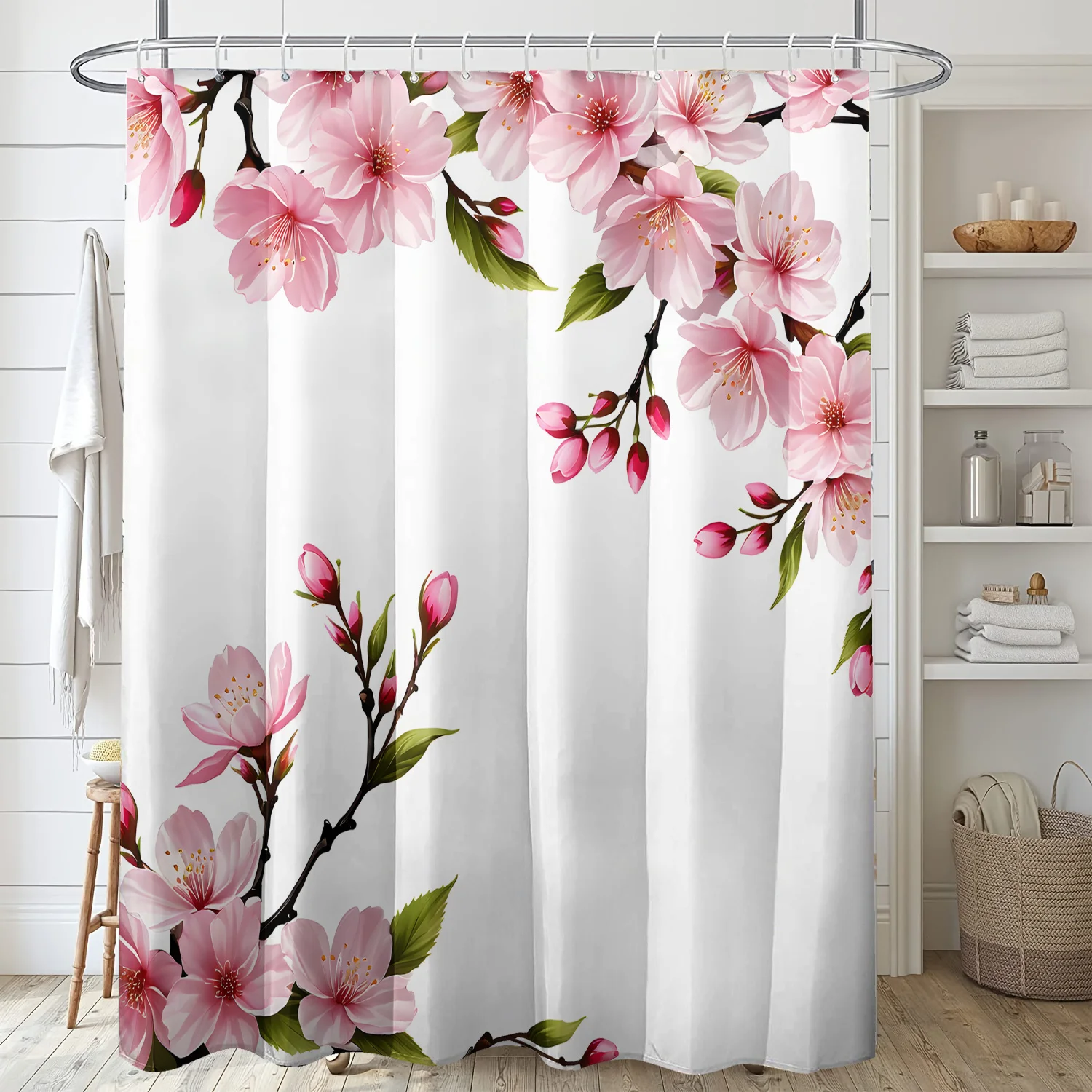 Charming Pink Cherry Blossom Shower Curtain for a Nature-Inspired, Elegant, and Serene Bathroom Decor with Floral Design