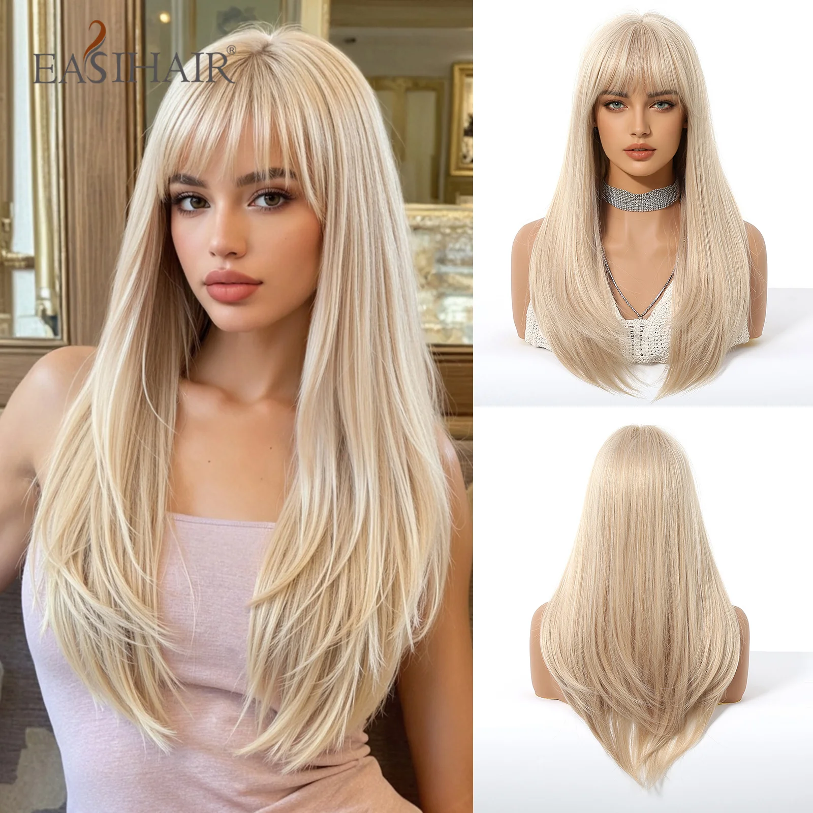 Long Blonde Golden Layered Straight Synthetic Wigs with Bangs Blonde Cosplay Party Natural Hair Wig for Women Heat Resistant Use