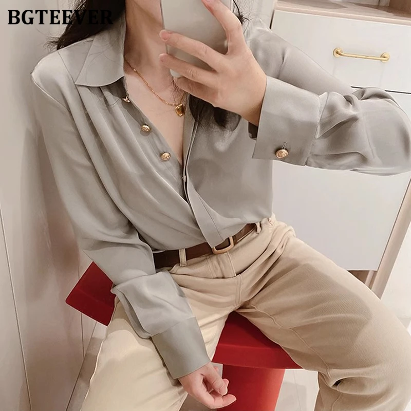 

BGTEEVER Vintage Metal Buttons Female Solid Shirts Spring Lapel Long Sleeve Ladies Blouses Tops Elegant Women Blusas