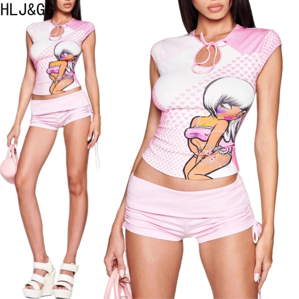 

HLJ&GG Pink Fashion Y2K Pattern Print Shorts Two Piece Sets Women O Neck Slim Crop Top And Shorts Outfits Summer 2pcs Streetwear