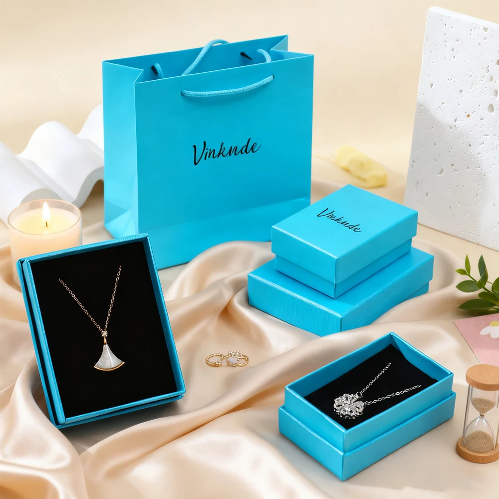 

24pcs Personalized Logo Sky Blue Paper Gift Box Custom Chic Small Jewelry Travel Organizer Necklace Earrings Ring Packaging Case