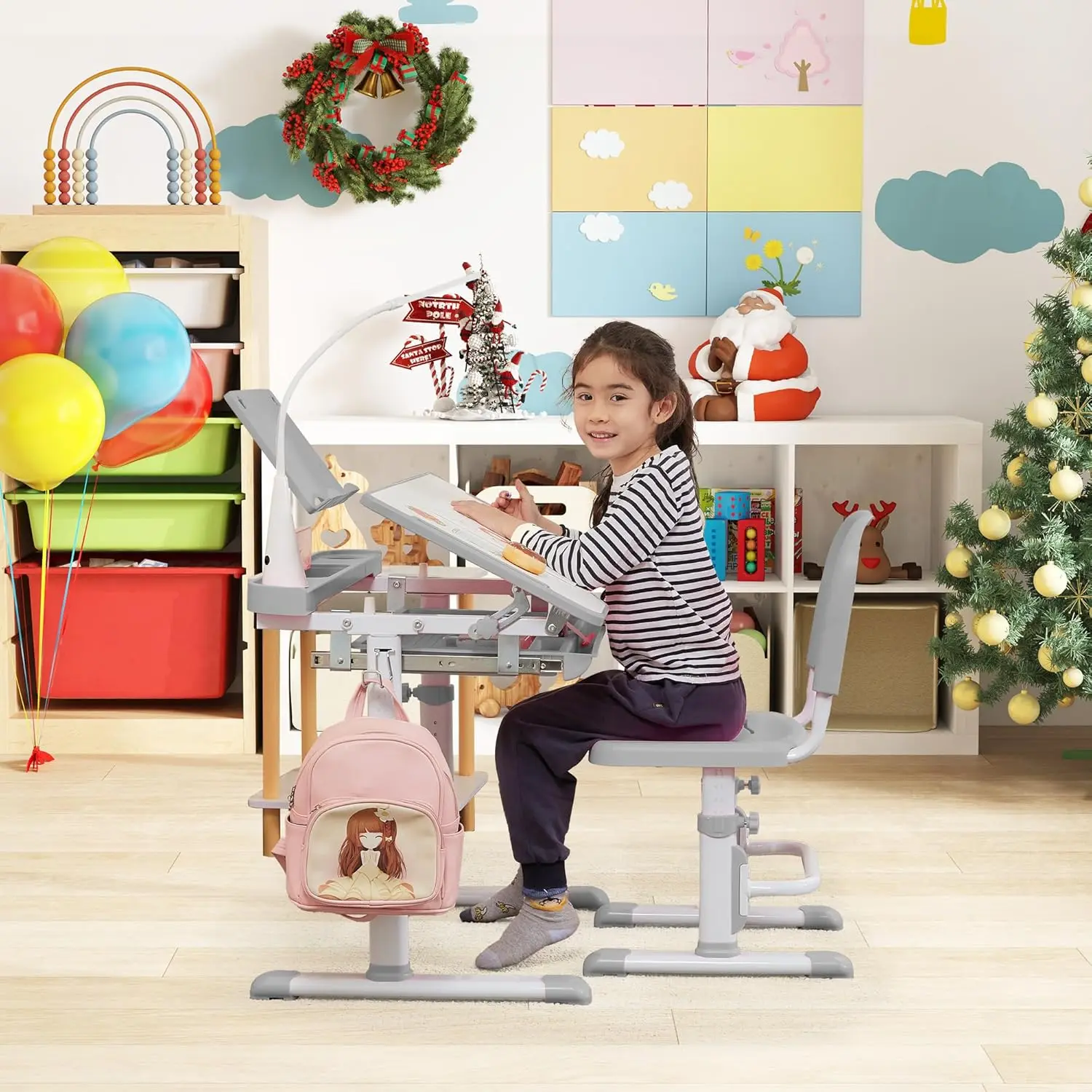 طقم مكتب وكرسي للأطفال، طاولات مدرسية متعددة الوظائف للأطفال مع سطح مكتب مائل، ضوء LED، خطاف معدني رمادي