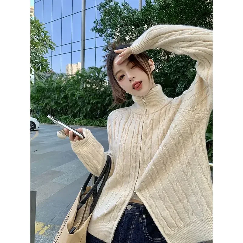 Double Zippered High Neck Knitted Cardigan Sweater for Women Autumn and Winter Loose Fitting American Style Inner Jacket Top Ins