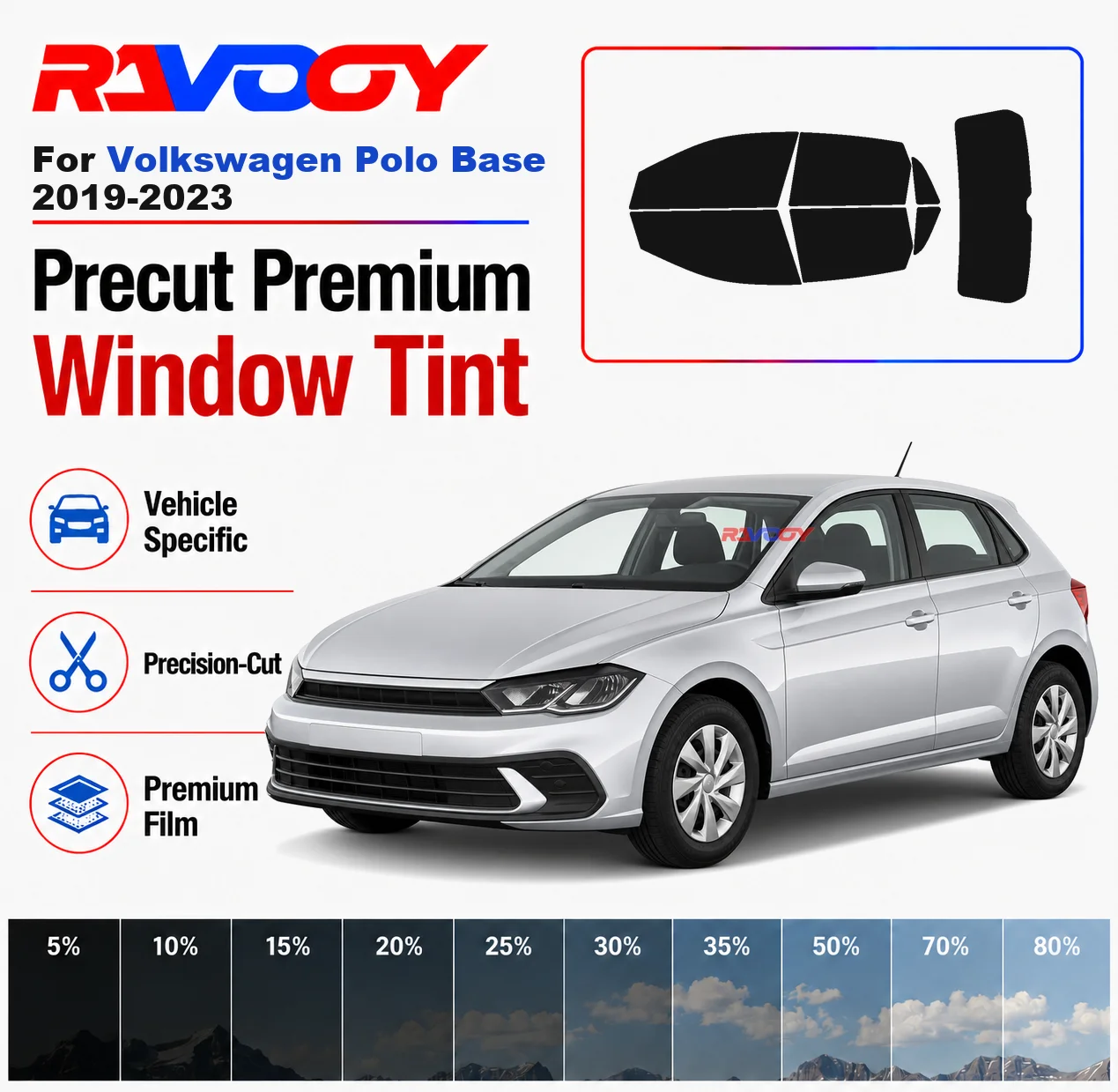 Premium Precut Window Tint Kit Front Rear Windows Rear Windshield For Volkswagen Polo Base 2019-2023 Car Solar Nano Ceramic Film