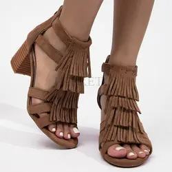 High Heeled Sandals Female Summer New Tassel Sandals Boots Fashion After The Zipper High-Heeled With Roman Women's Shoes