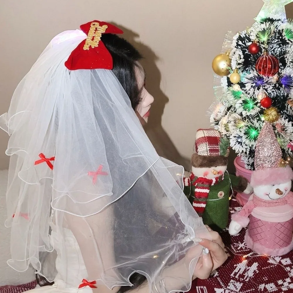 Elegant Red Christmas Veil Headband Velvet Hair Band Bridal Tulle Photo Props Mesh Bow Veil Birthday Headdress