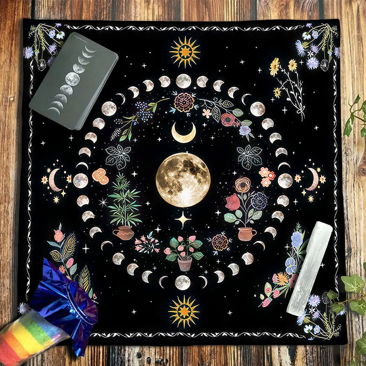 Botanical Moon Altar Cloth Tarot Mat Triple Moon Flower Spread Tarot Reading Cloth Spiritual Oracle Card Pad Divination Tools