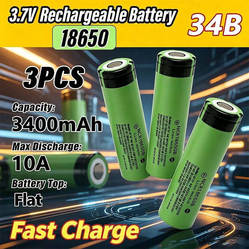 3400mAh 18650 Lithium Rechargeable Battery Flashlight Batteries 34B NCR18650B 3.7V Flat Head Portable Fan Razor Li-ion Battery