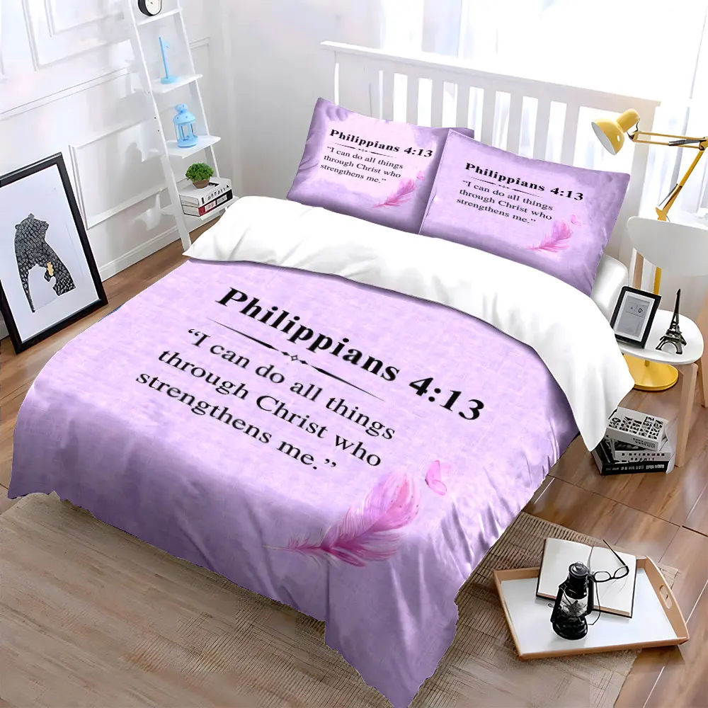 Philippians 4:13 Pink Feather Bible Verse Duvet Cover Set,Lavender Textured Faith Bedding Includes 1 Duvet Cover＆2 Pillowcase