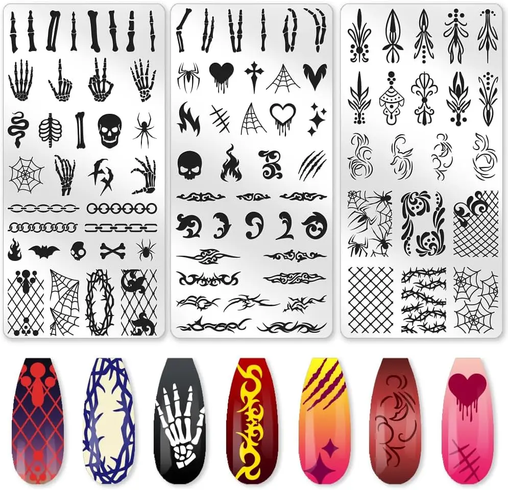

3Pcs Bone Skull Nail Stamping Plate Set Halloween Skeleton Gothic Nail Art Templates Cobweb Bat Thorns Metal Reusable Tools with