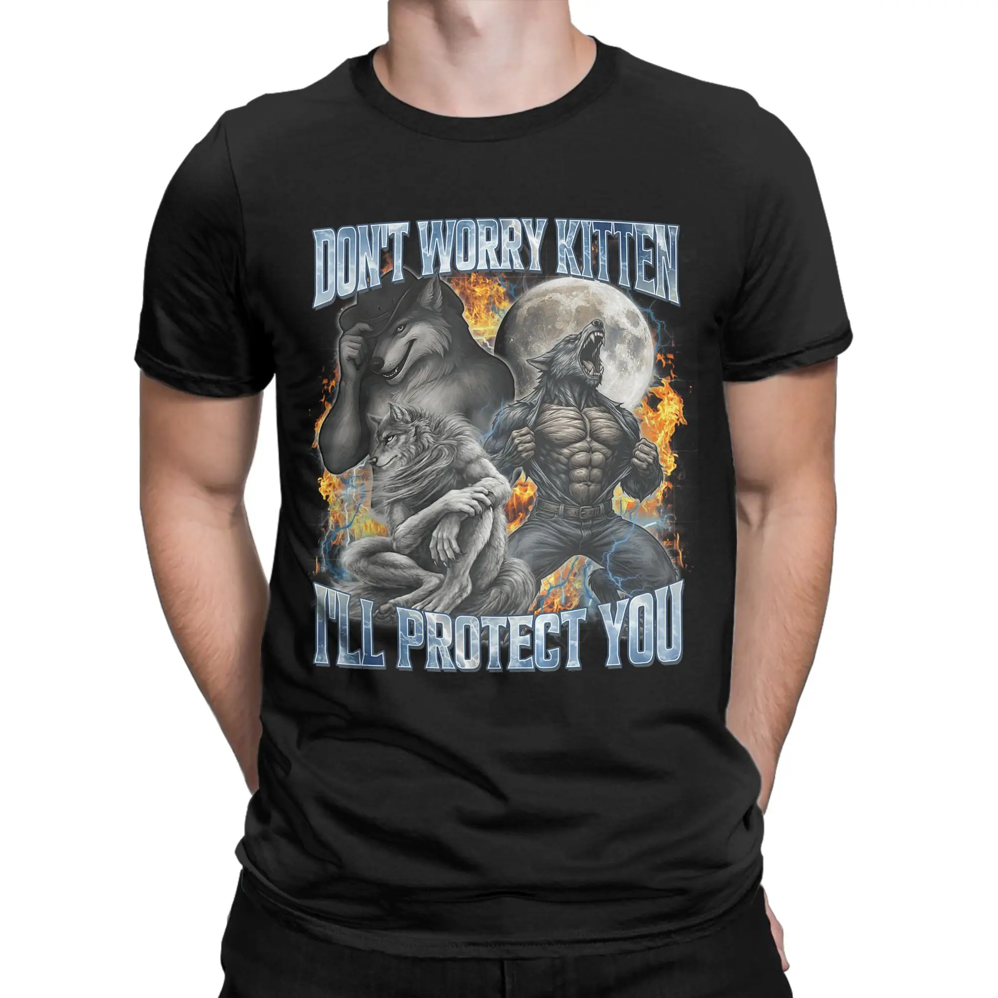 Mens T-Shirt DonT Worry Kitten ILl Protect You Funny Alpha Wolf Meme T-Shirts Fashion  Summer Tees Vintage Cotton Tops Gift