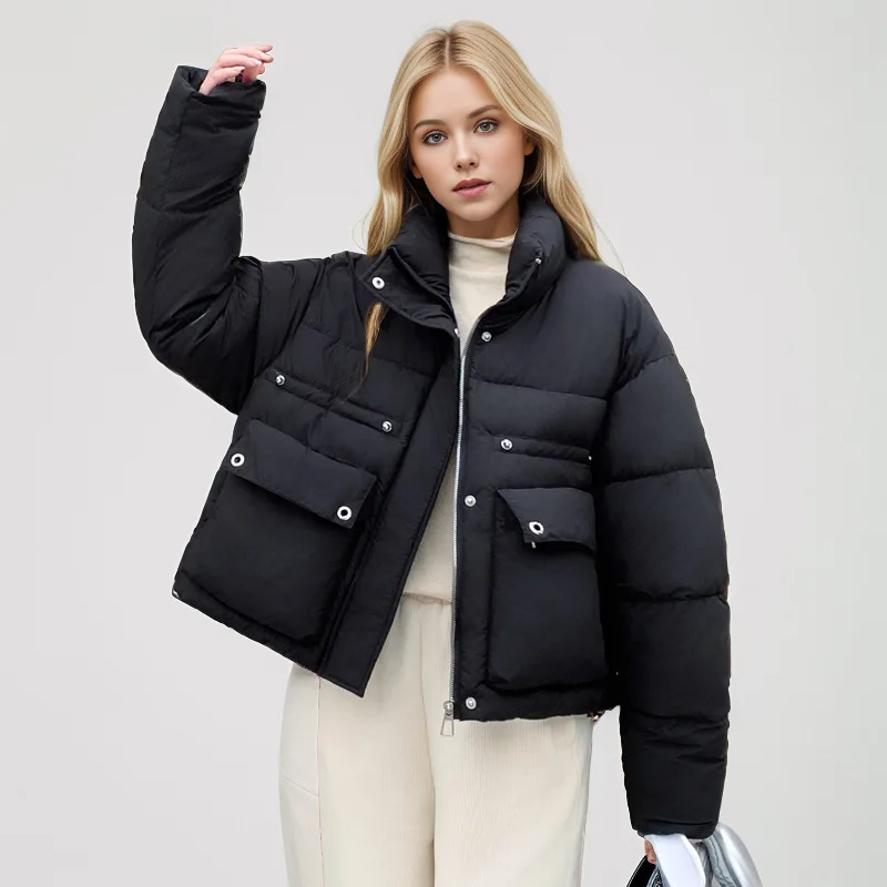 سترة نسائية شتوية مبطنة بلون نقي وحاشية مرنة وياقة واقفة معطف على طراز مترهل للنساء #2