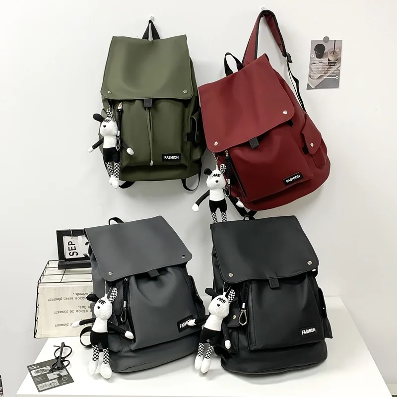 1pcs Light Resistant Nylon Drawstring Flip Backpack Vintage Solid Color Large Laptop Bag For Campus Outdoor Daily Use