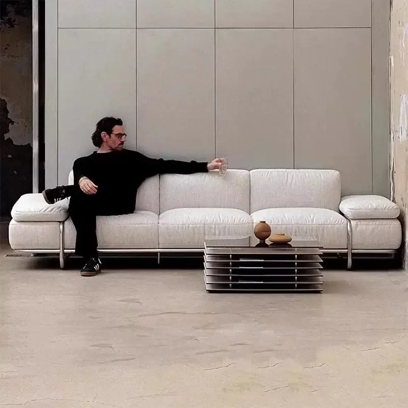 Minimalist antique Bauhaus stainless steel sofa designer black leather straight row living room small apartment retro model