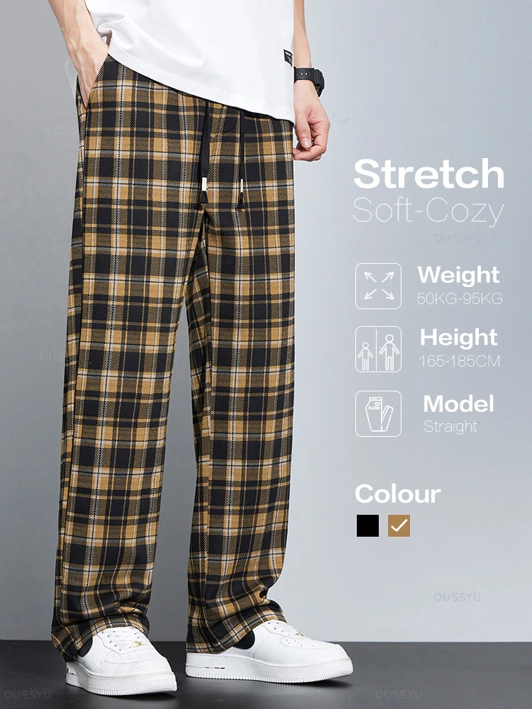 Spring Summer High Quality Classics Plaid Casual Pants Men Loose Straight Wide Leg Elastic Waist Jogger Trousers Male Streetwear