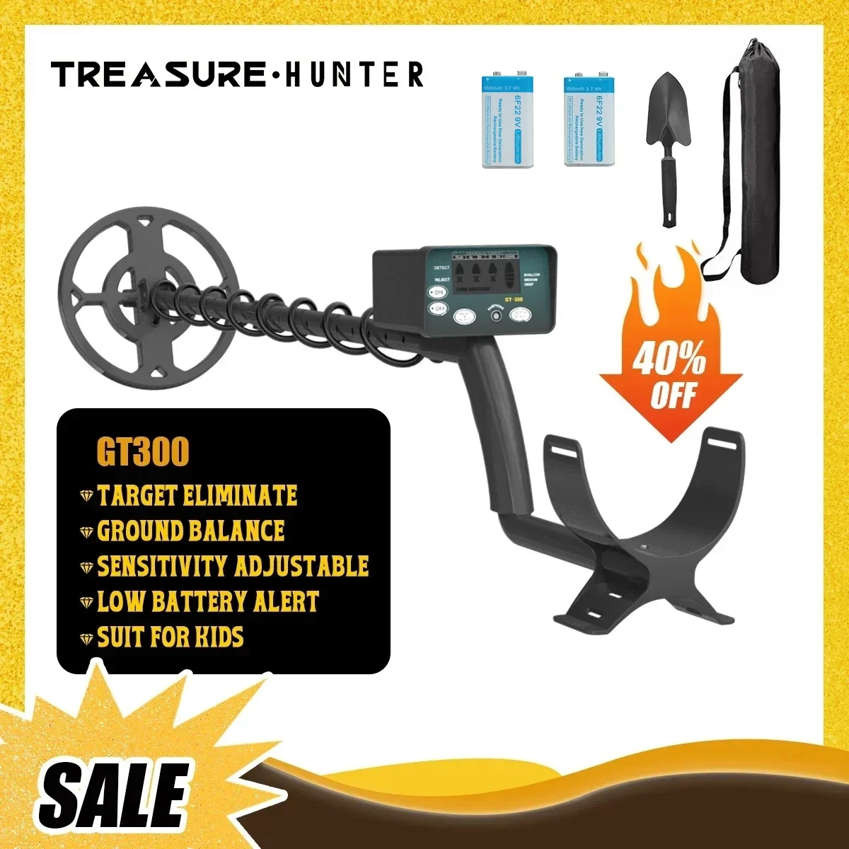 

Treasure Hunter GT300 Metal Detector Professional High Sensitive Underground Adjustable Tracker IP68 Waterproof with battery