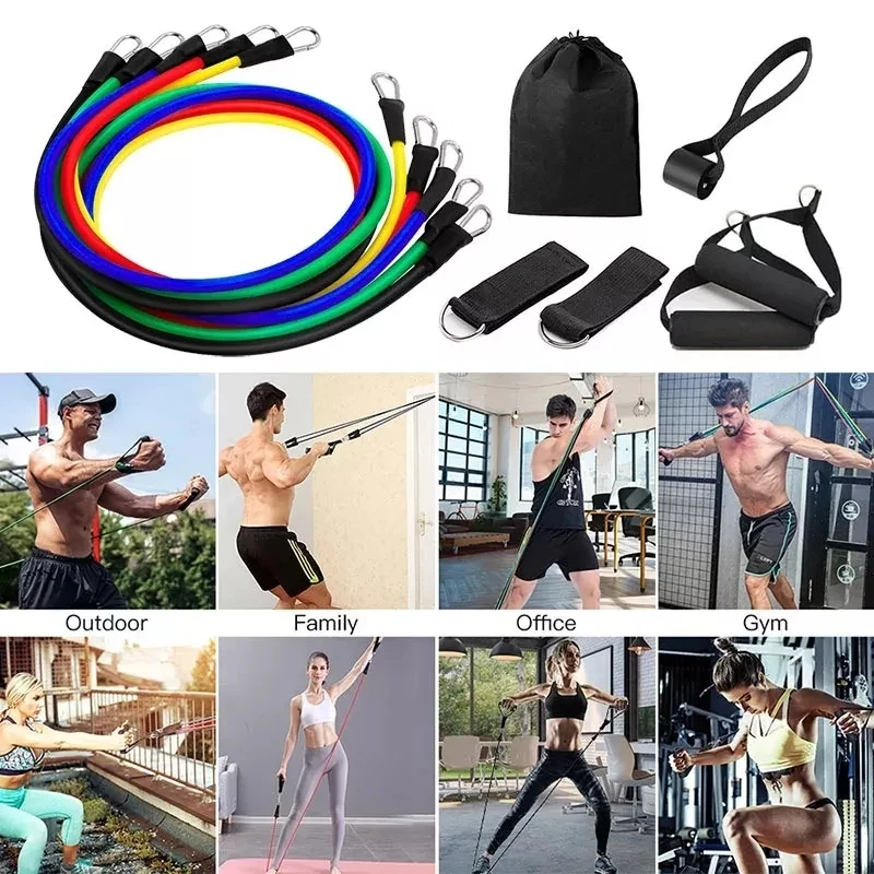 11 Pcs/Set Latex Resistance Band Drawstring Portable Indoor Fitness Equipment With Ankle Band Training Exercise Elastic Expander