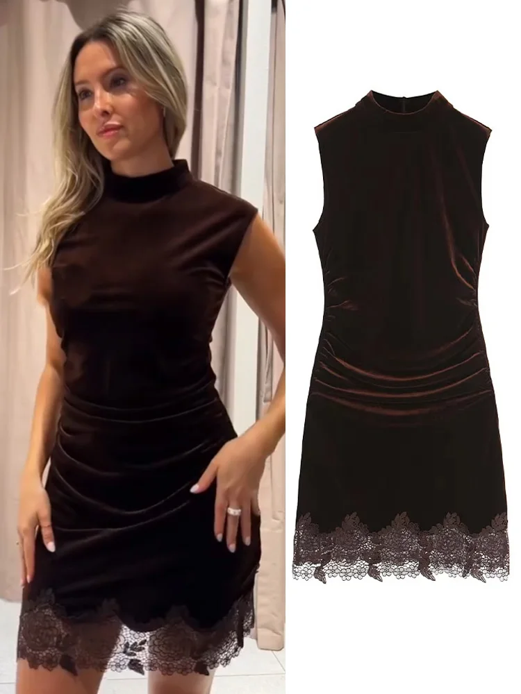 

HH Women 2026 Spring Fashion Sleeveless Round-Neck Long Dress Female Temperament Lace Pleated Decoration Velvet Material Dress