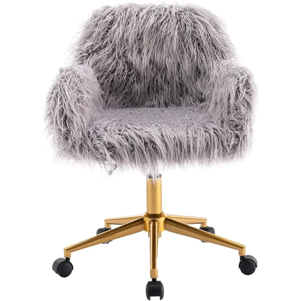 Fluffy Desk Chair, Faux Fur Furry Home Office Chair, Fuzzy Swivel Armchair with Wheels, Height Adjustable Silver Base for Girls