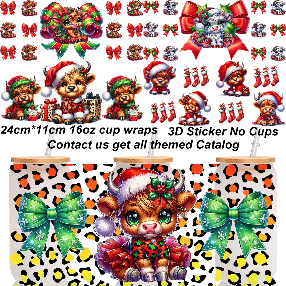 Cute Christmas Highland Cow Santa Hat Bow UV DTF Cup Wraps 16oz Libbey Can 3D Waterproof Transfer Stickers Xmas Leopard Decals