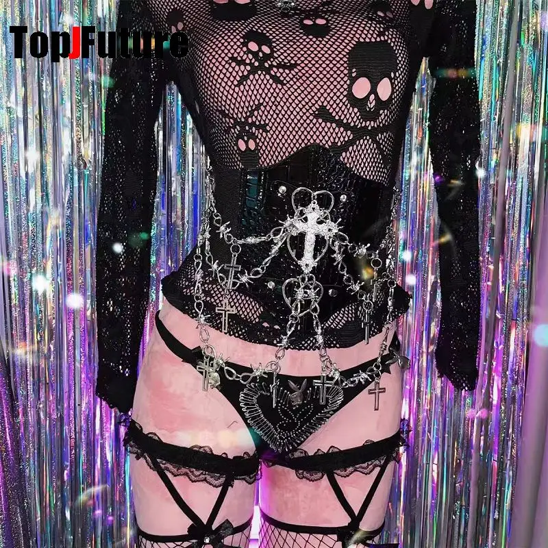 

Harajuku Goth Y2K Girl Women Gothic Lolita Punk Cross Spike Trim Crop Tops Rivet Metal Bold Chain Love Steampunk Tank Top