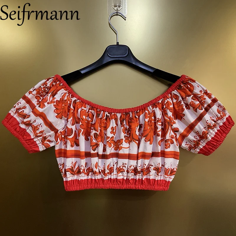 Seifrmann 2026 summer fashion women's two-piece casual printed one neck short sleeved cotton top+half skirt set
