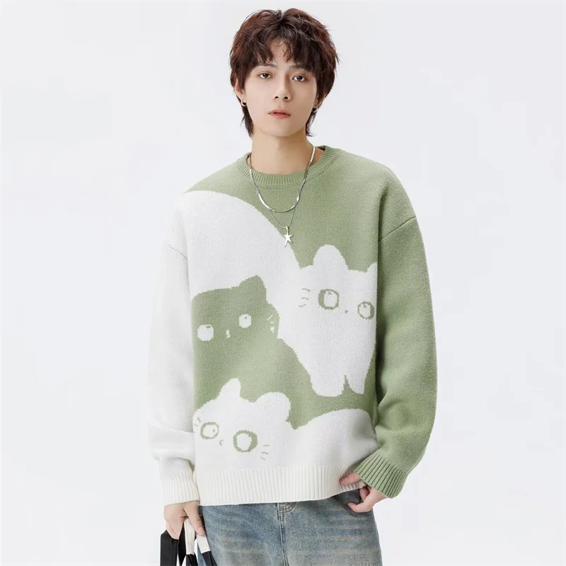 الشتاء الرجال أنيمي القط الجاكار Crewneck محبوك البلوزات الهيب هوب موضة الجرافيك المطبوعة Y2K لاعبا الشارع الشهير متماسكة البلوفرات