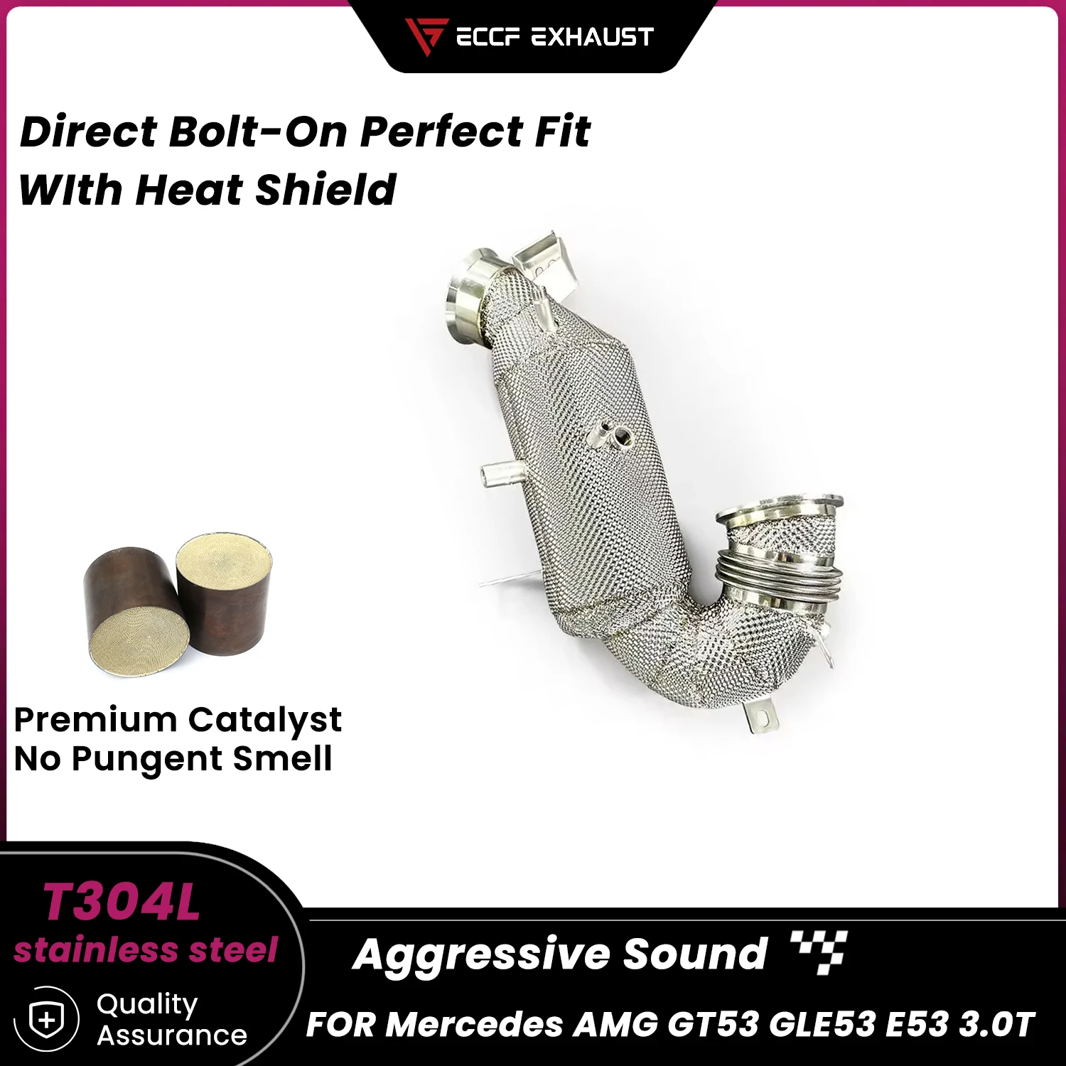 

Sporty Downpipe With Heat Shield For Mercedes AMG GT53 GLE53 E53 3.0T Aggressive Exhaust Sound High Flow Performance Upgrade