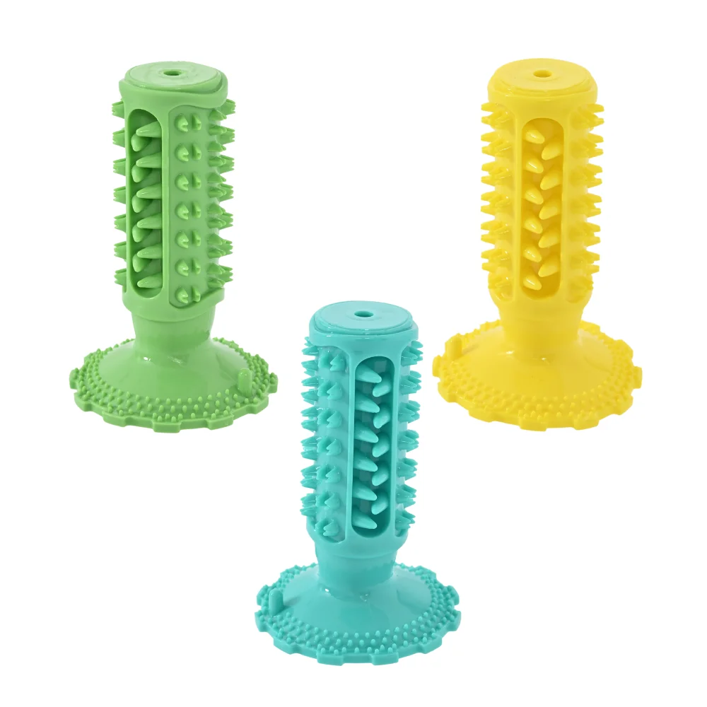 12PCS/Carton TPR Squeaky Dog Toothbrush Chew Toy with Suction Cup Dental Cleaning Teething Toy 3 Colors Mixed Wholesale Pet Supplies