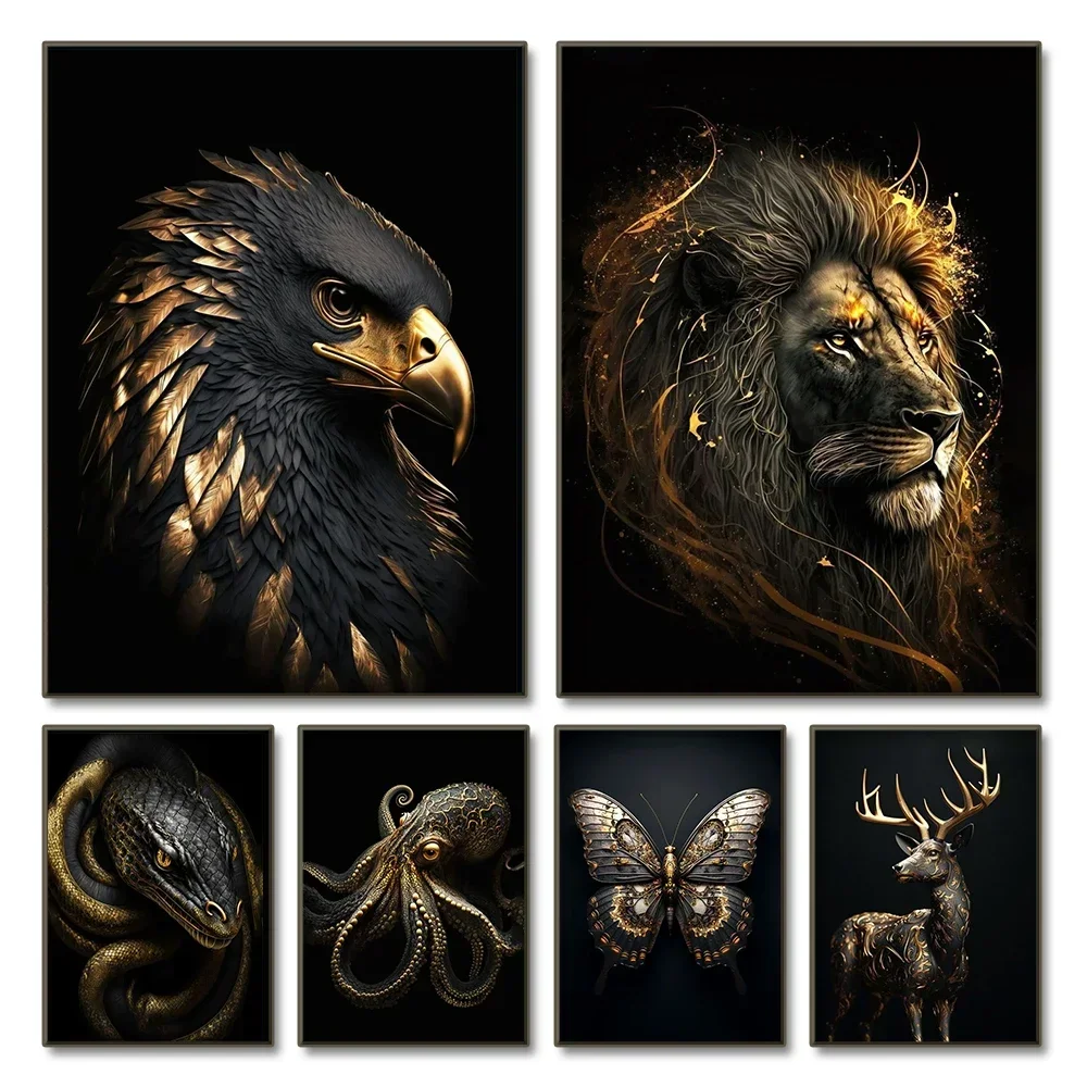 Black Gold Eagle Lion Canvas Painting Metal Poster Wall Art Nordic Deer Tiger Wolf Swan Aesthetic Picture for Living Room Dec