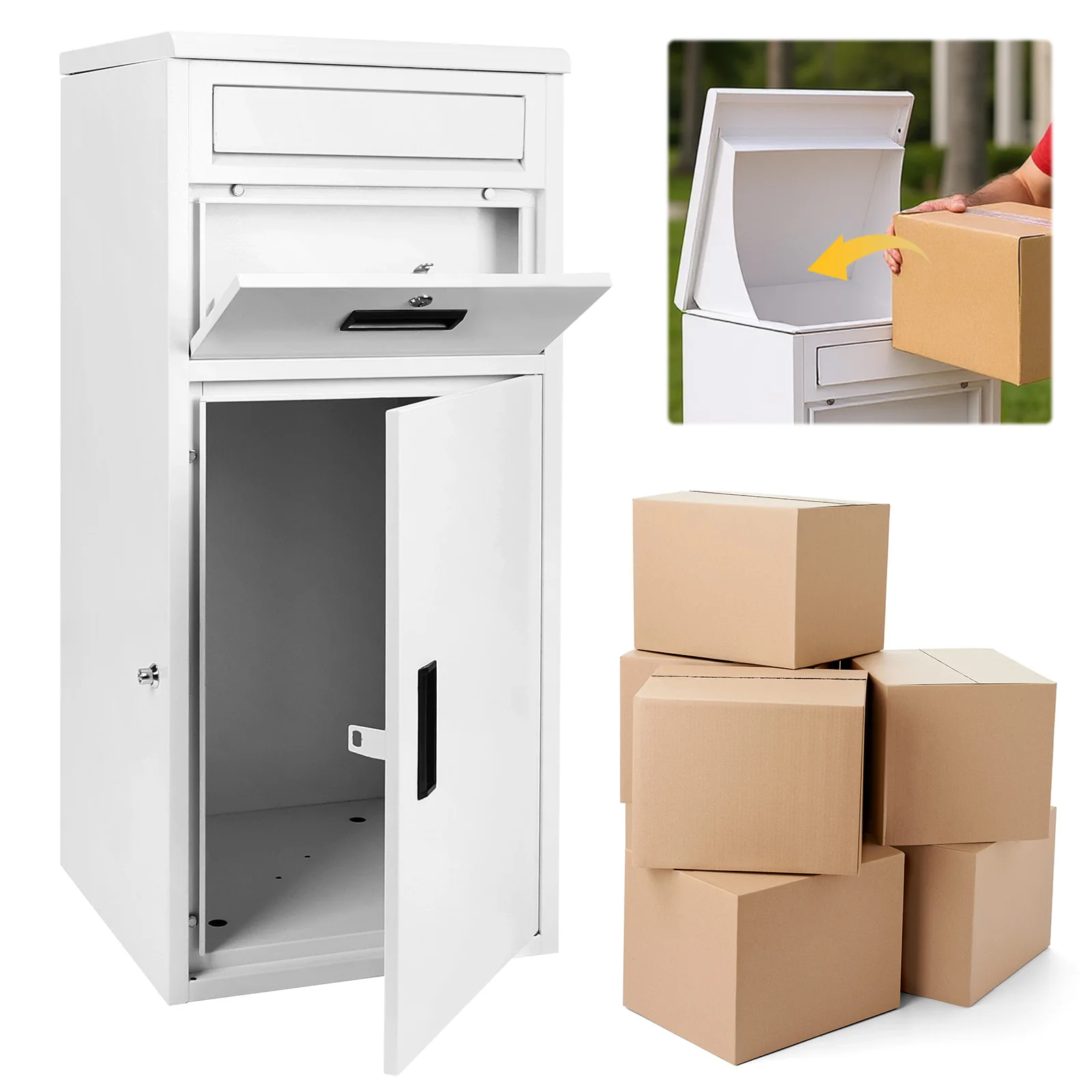 Caja de entrega de paquetes con cerradura Entrega de paquetes al aire libre para casa de porche (blanco)
