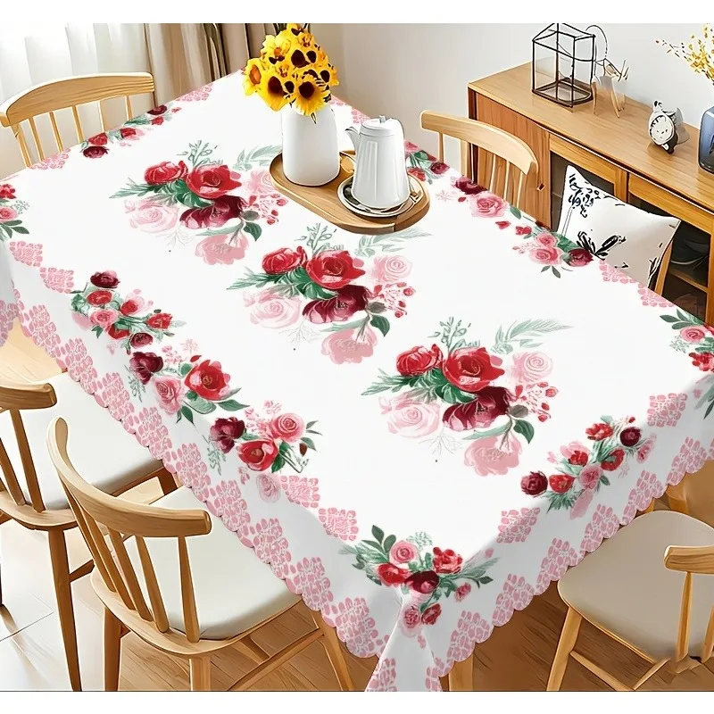 Pink Red Rose Floral Print Tablecloth for Table Decor Washable Elegant Flowers Kitchen Dining Table Cloth Wedding Decorations