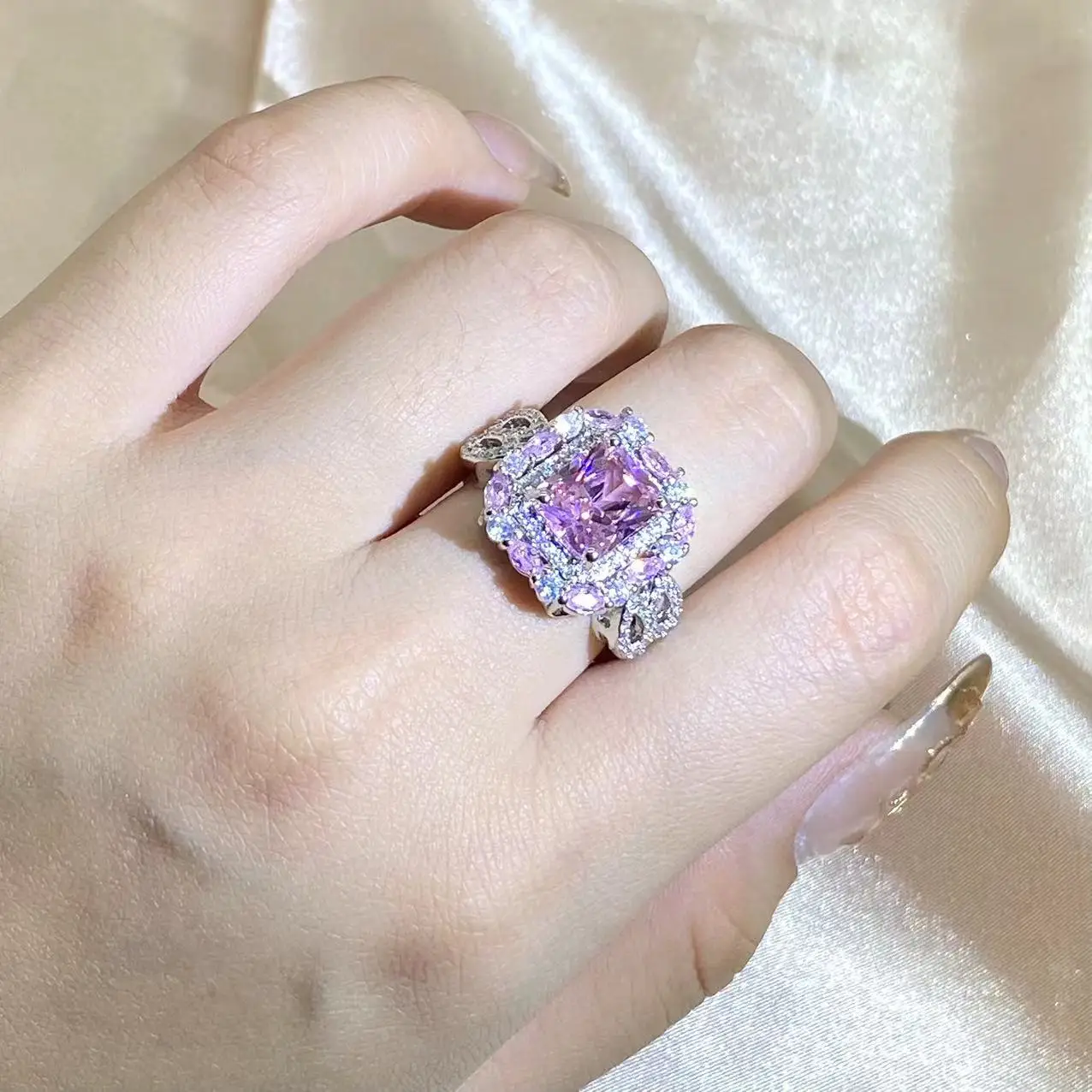 Sparkling Pink Zircon Collection Square Ring Female 925 Stamp New Fashion Jewelry Party Birthday Gift Wholesale