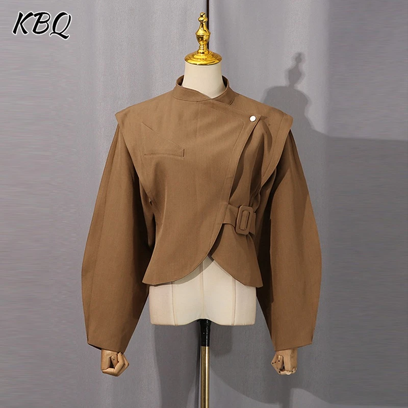 

KBQ Solid Loose Spliced Lace Up Short Jackets for Women Stand Collar Long Sleeve Designer Casual Chic Party Coat Female Fashion