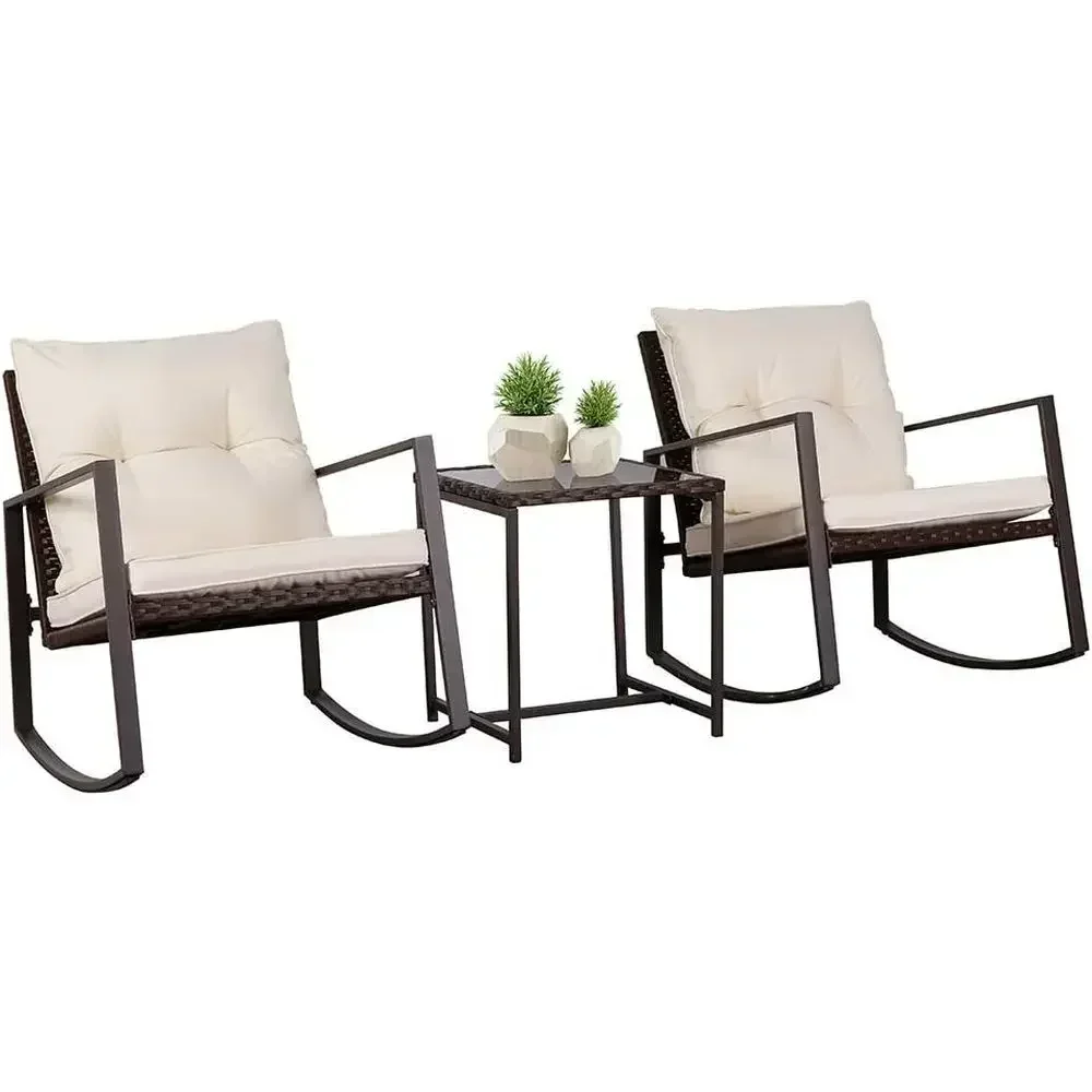 Brown Wicker Outdoor Bistro Set with Rocking Chairs and Glass Coffee Table, Beige Cushions