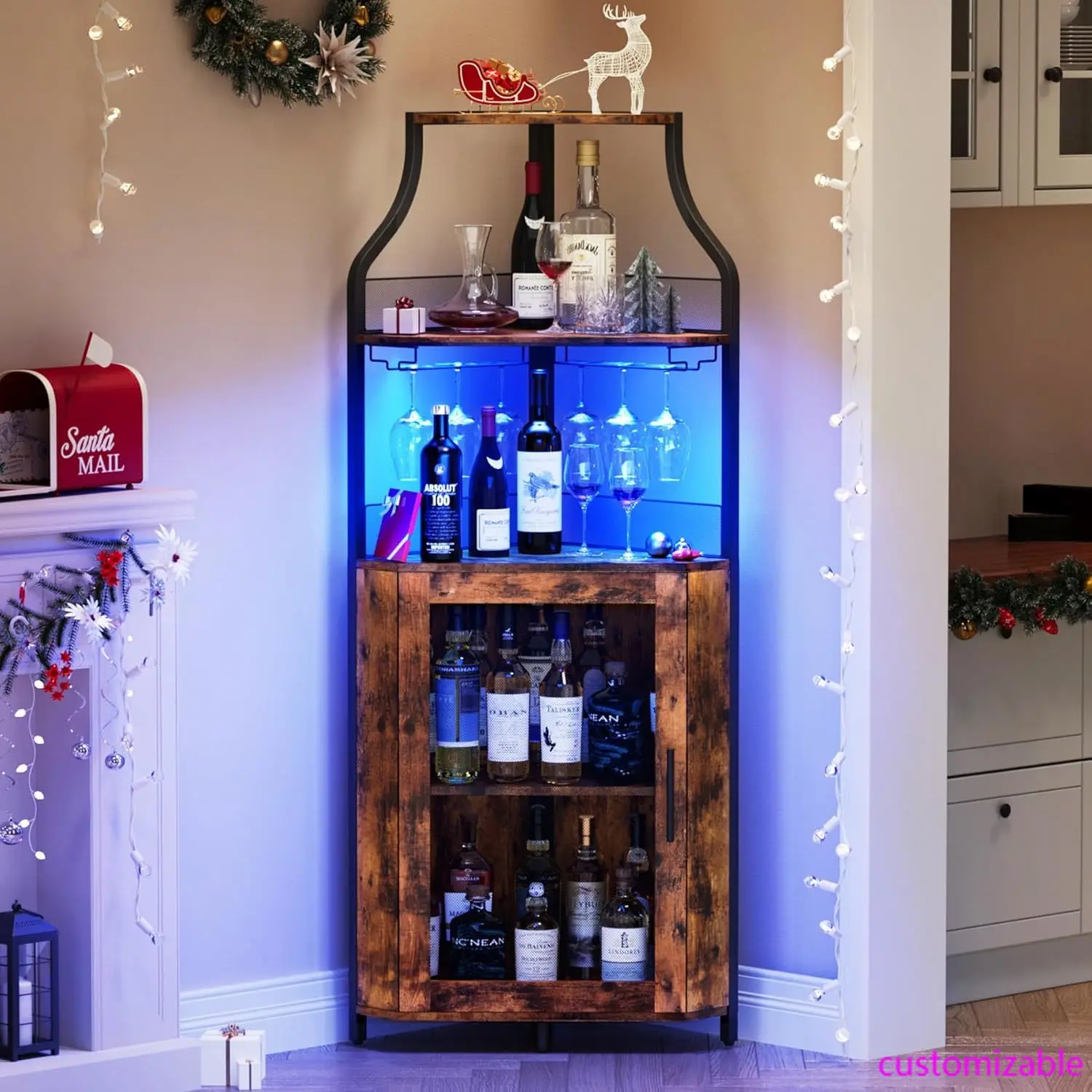 

Wine Bar Rack Cabinet with LED Lights,Bar Cabinet with Glass Holder,Small Sideboard & Buffet Cabinet with Mesh Door(Retro Brown)