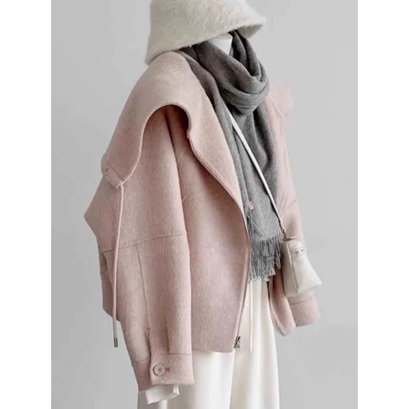 

Pink Cashmere Jacket, Small and Creamy, Paired with A Short Turtleneck Cape Woolen Top, Women's Spring New 2024