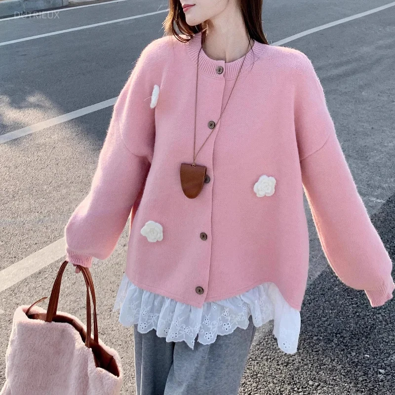 Fake 2 Piece Woman Sweaters Lace Ruffles Sweet Elegant Cardigans Korean Fashion Autumn Winter Flowers Sueter Mujer