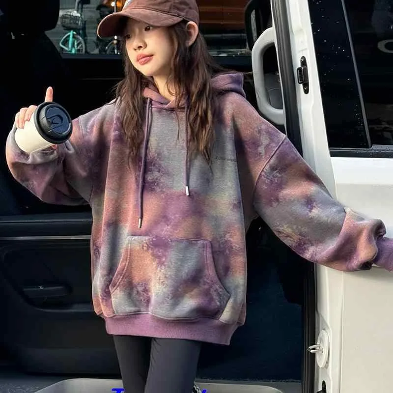 Girls' 2025 New Arrivals Korean Style Autumn/Winter Thickened Fleece-Lined Tie-Dye Hooded Trendy Hoodie