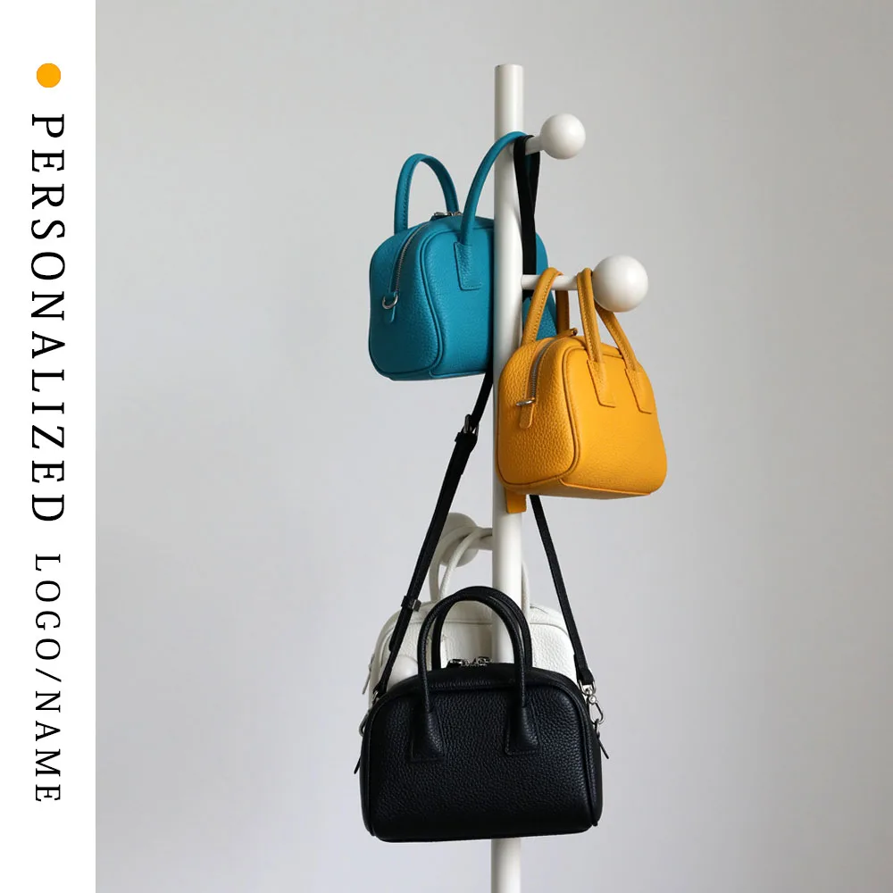 Support Free Personalized Custom First-layer Cowhide Bowling Bag Women's Bag Handbag Crossbody Bag Boston Bag Genuine Leather
