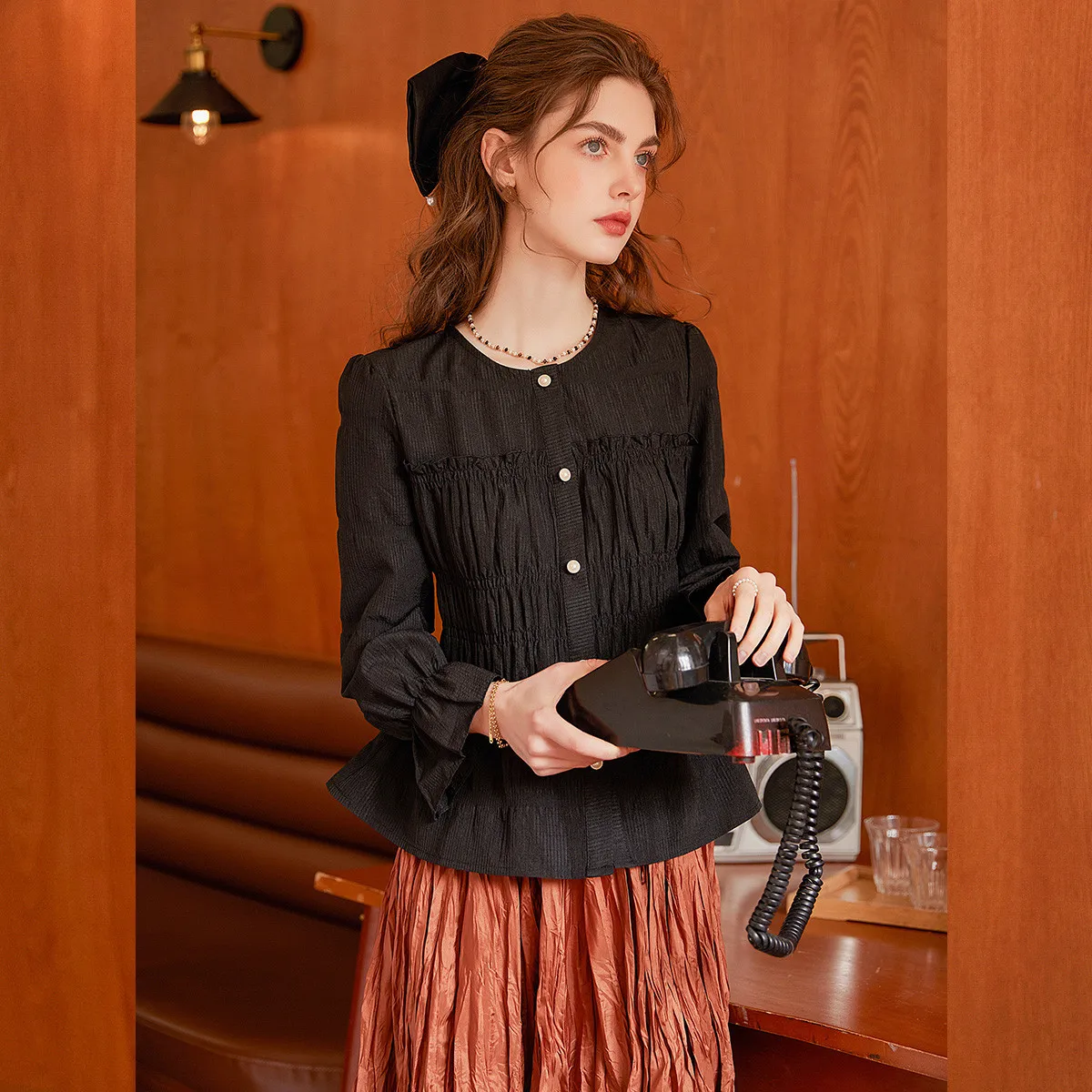 LOUIS YAO New Puff Long Sleeve Shirt 2025 Spring Round Collar Shoulder Slim Women's Shirt Stretchless Cardigan Women's Tops