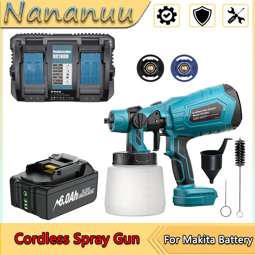 

Nananuu Cordless Electric Spray Gun Portable 1000ML Large Capacity For Makita BL1830 18V Battery Multiple Spray Patterns