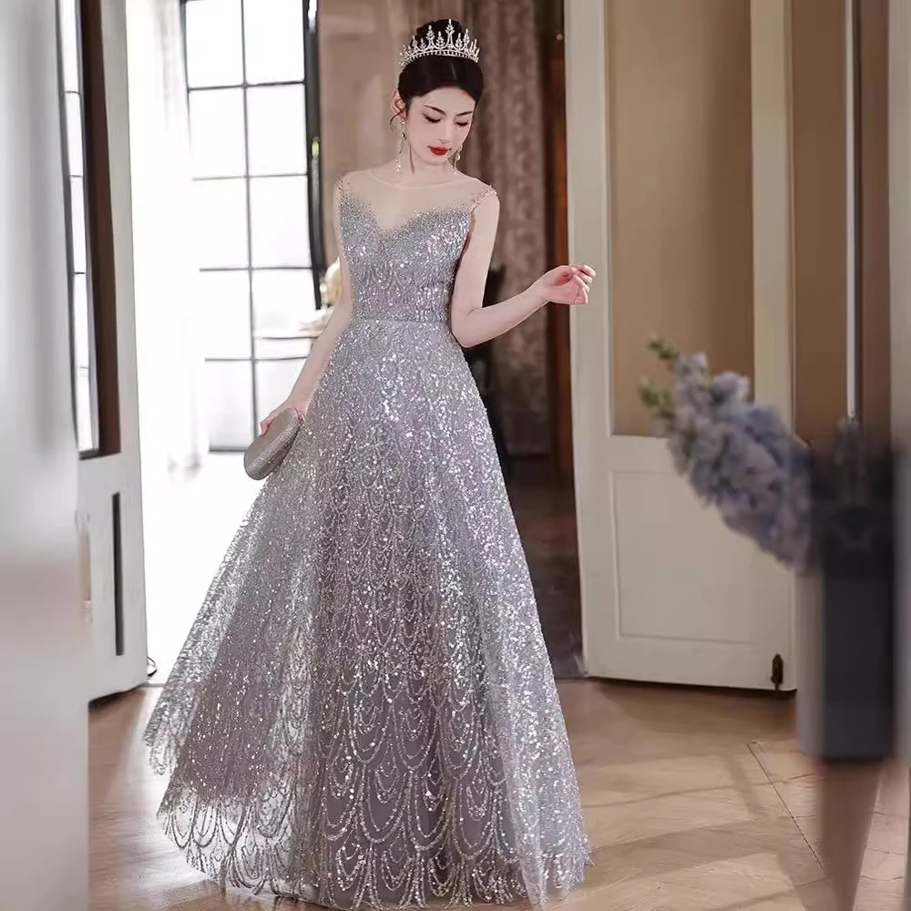 Gorgeous Luxury Silver Grey Evening Dress Women Sequins Mesh Collar Prom Gown Floor Length Draped Bow Trailing A-line Vestido