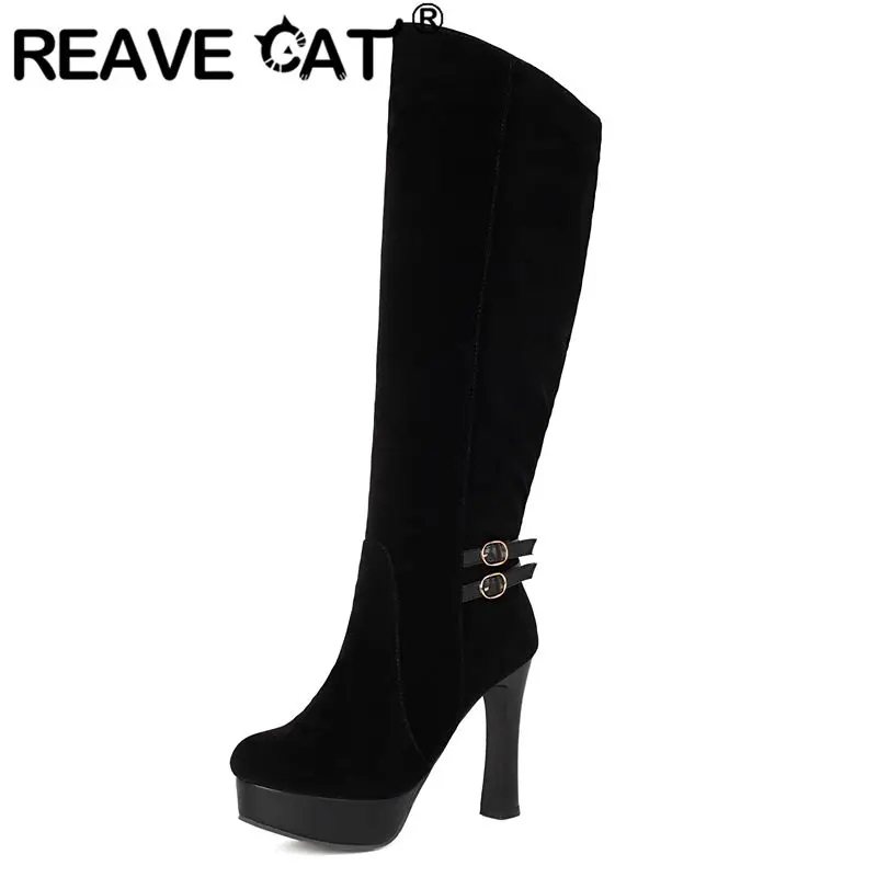 REAVE CAT Black Women Knee High Boots Round Toe 11cm Block Heels 3cm Platform Zipper Belt Buckles Large Size 41 42 43 Sexy Bota